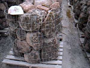 Photo of Rolleri Moss Rock. A Fieldstone lava rock with lichen and moss, used for Drystack stone wall, and Masonry Stone Wall. Natural stone sold by Rolleri Landscape Products.